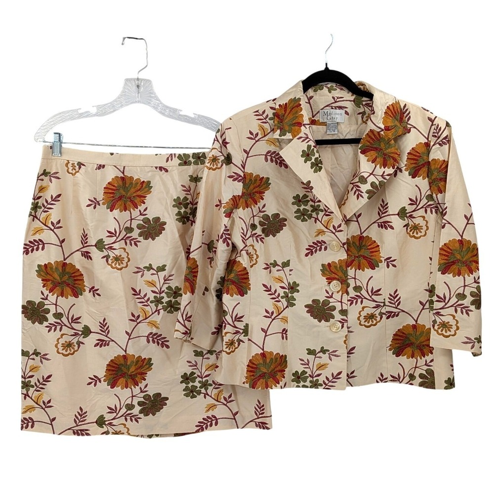 Madison Gray 100% Silk Embroidered‎ Skirt Blazer Set Cottagecore Size 16